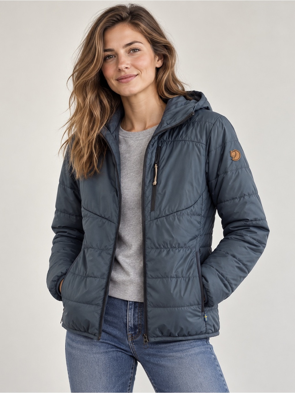Fjällräven Women’s Lightweight Hooded Puffer Jacket Blue Grey Small